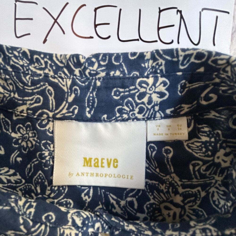 Maeve Anthropologie Women Floral Button-Up Shirt Size 2 Navy White Cotton Casual - Picture 3 of 7